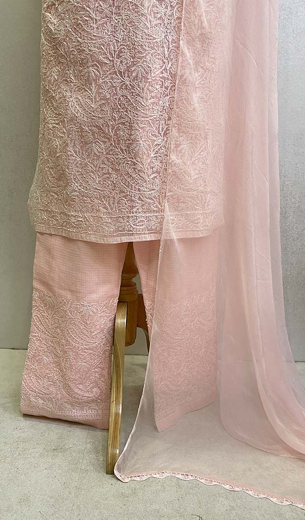 Women's Lakhnavi Handcrafted Kota Cotton Chikankari Kurta  And Pant Set With  Dupatta - HONC053021