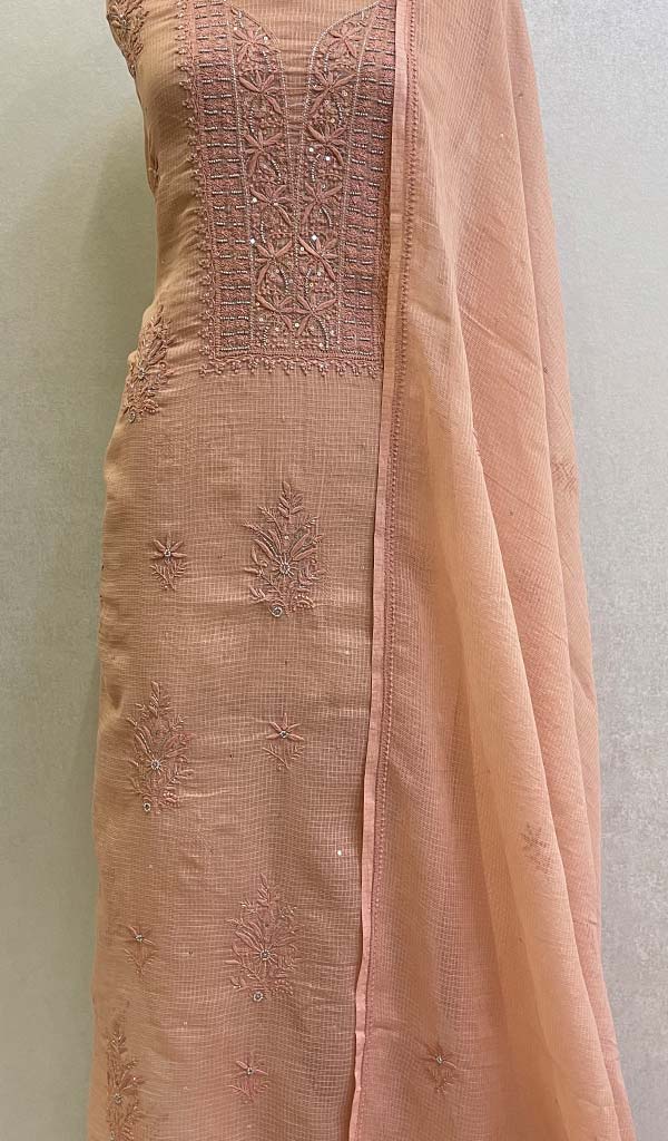 Women's Lucknowi Handcrafted Kota Cotton Chikankari Unstitched Kurta Dupatta Fabric - HONC0735700