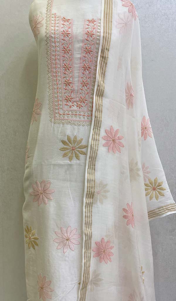 Women's Lakhnavi Handcrafted Chanderi Silk Chikankari Kurta Dupatta Set- HONC0126716
