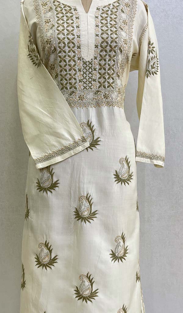 Women's Lucknowi Handcrafted Silk Chikankari Kurti - HONC0130089