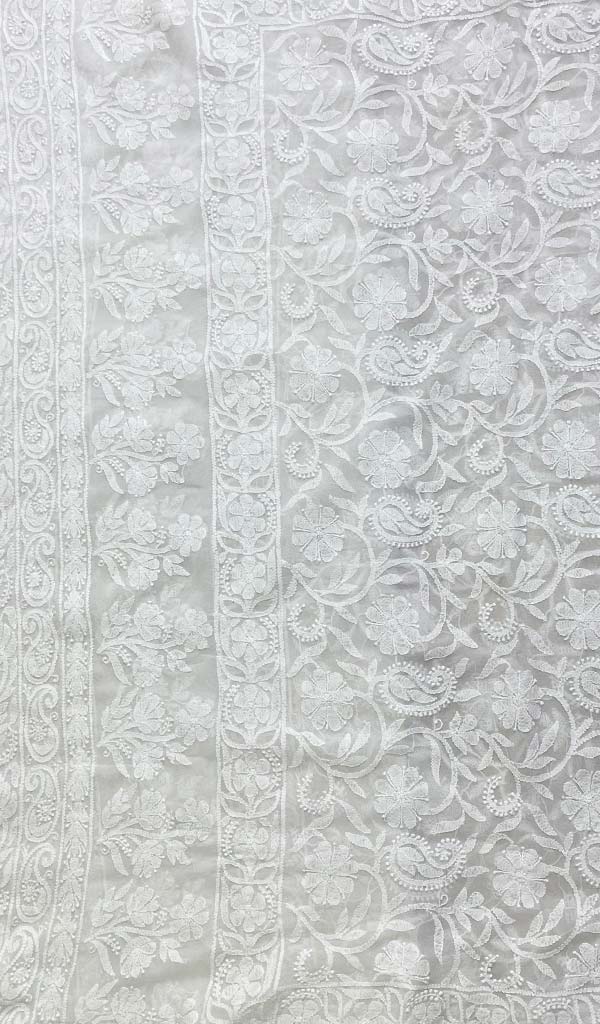 Lucknowi 手工纯丝乔其纱 Chikankari Dupatta - Honc0117808