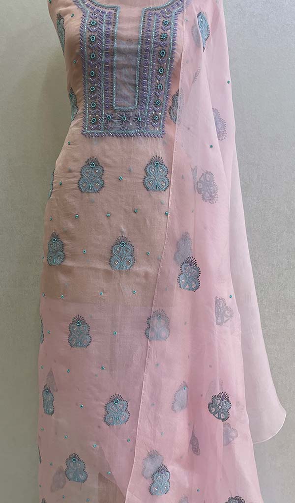 Lakhnavi 手工制作纯欧根纱 Chikankari 未缝合库尔塔和杜帕塔套装 - Honc0124978