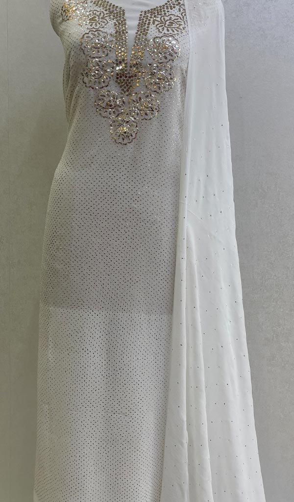 Lucknowi 手工粘胶乔其纱 Chikankari Kurta Dupatta 套装 - Honc0133270