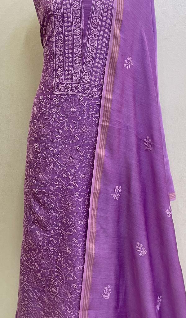 Lakhnavi 手工制作的 Munga 丝绸 Chikankari Kurta 和 Dupatta 套装 - Honc0108288