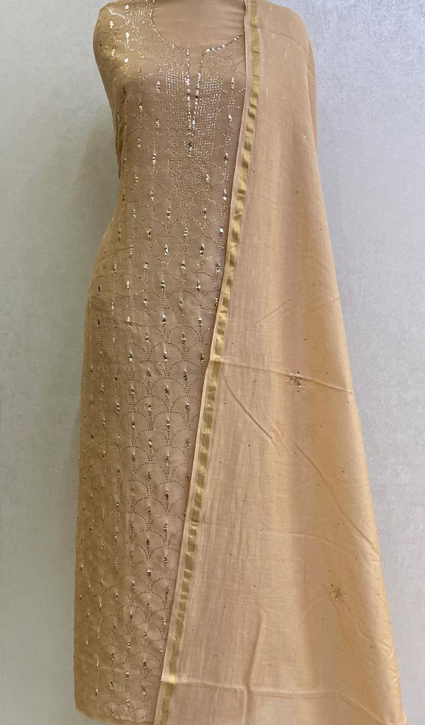 Lakhnavi 手工制作 Chanderi 丝绸 Chikankari Kurta Dupatta 套装 - Honc0128713