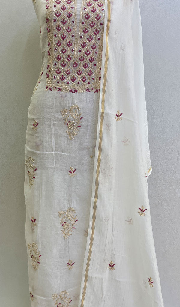 Women's Lakhnavi Handcrafted Mul Chanderi Chikankari Kurta, Dupatta And  Pant Set - Honc080243