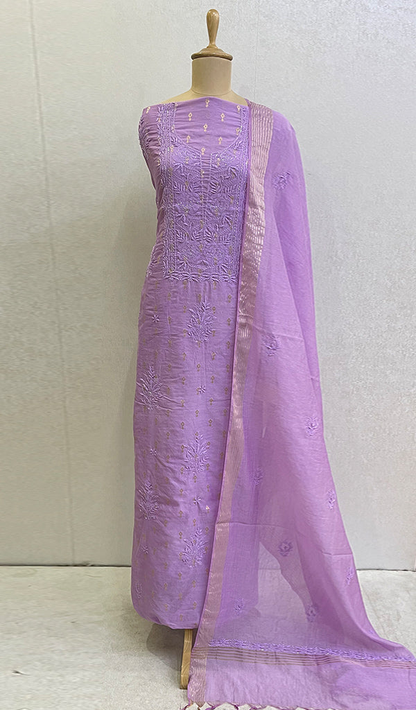Women's Lakhnavi Handcrafted Chanderi Silk Chikankari Full Suit Material - HONC0113757