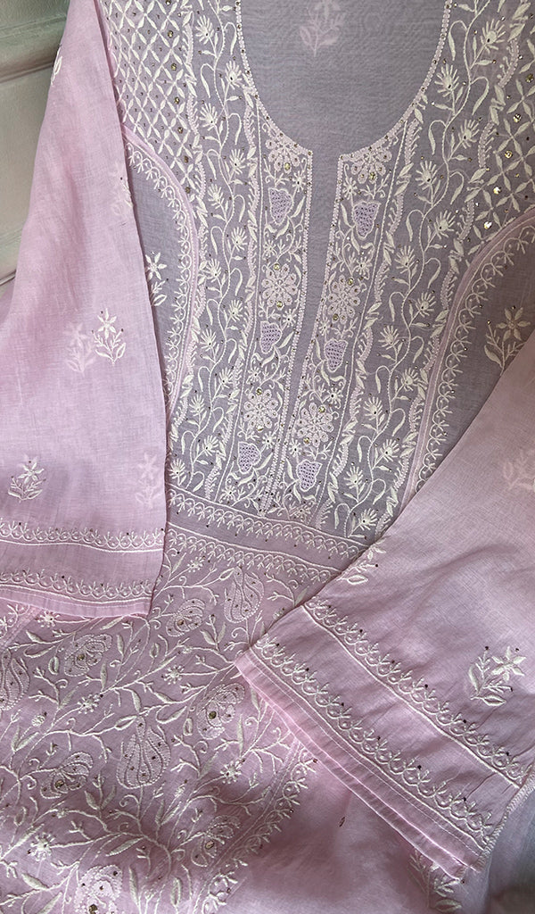 Women's Lucknowi Handcrafted Mul Chanderi Semi - stitched Chikankari Full Set - HONC0296118