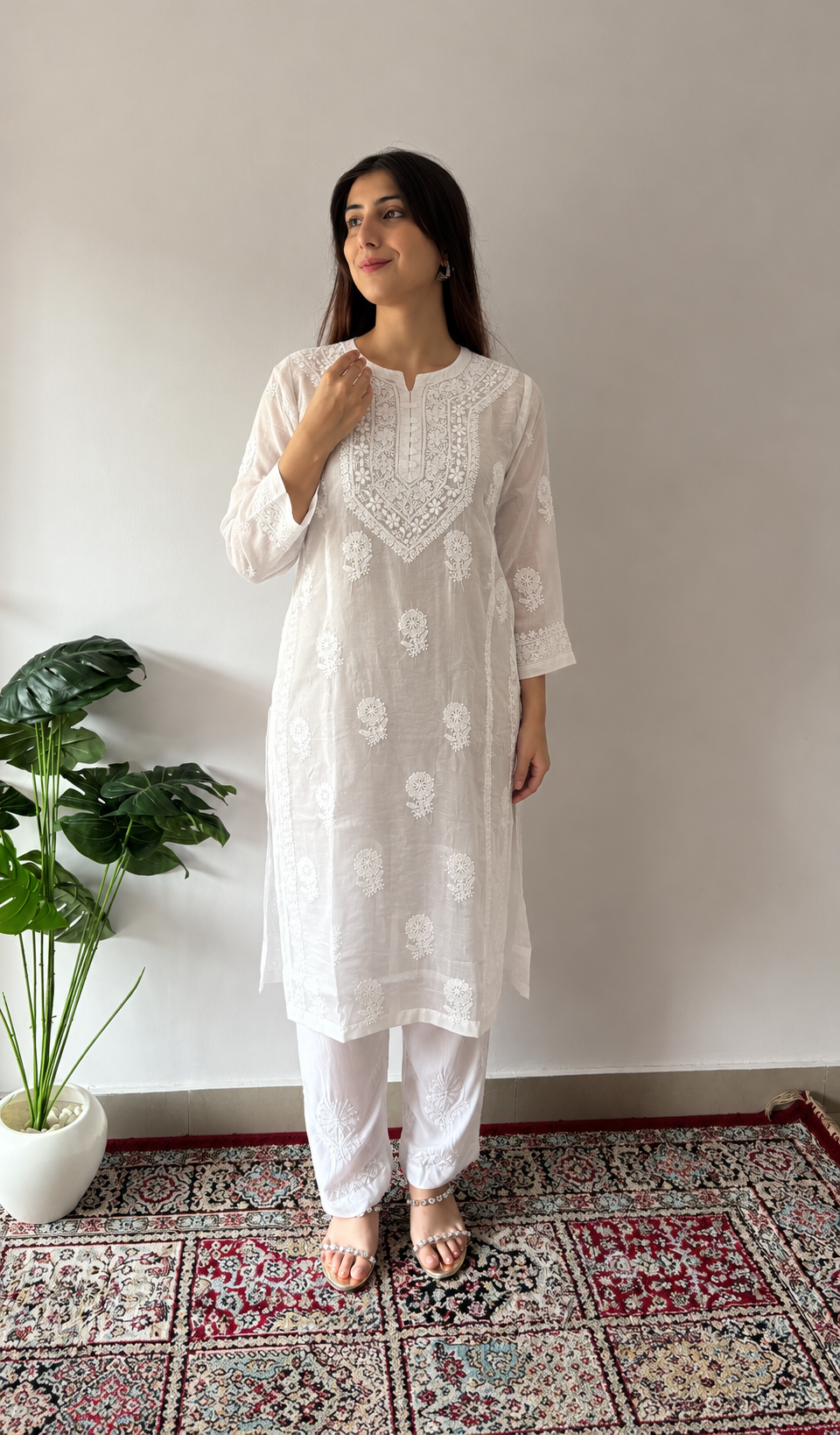 Women's Lucknowi Handcrafted Muslin Chikankari Kurti - HONC0149461