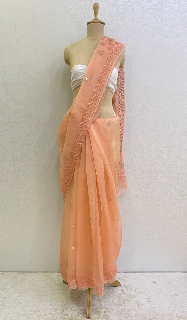 Women's Lucknowi Handcrafted Pure Organza Silk Chikankari Saree-HONC0116930