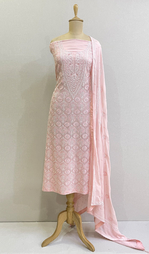 Women's Lakhnavi Handcrafted Pure Silk Georgette Chikankari Full Suit Fabric- HONC0160744