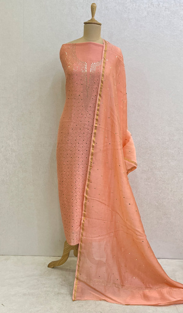 Women's Lakhnavi Handcrafted Chanderi Silk Chikankari Full Suit Material - HONC03785
