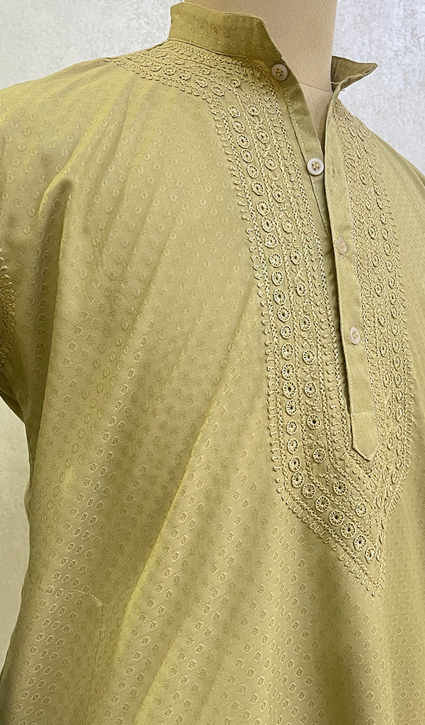 Men's Lucknowi Handcrafted Silk Chikankari Kurta - HONC091690