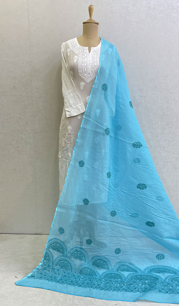 勒克瑙手工制作的 Kota 棉 Chikankari Dupatta - Honc0120271