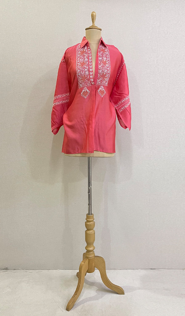 Fiza Women's Lakhnavi Handcrafted Chanderi Silk Semi- Stitched Chikankari Top - HONC0201379
