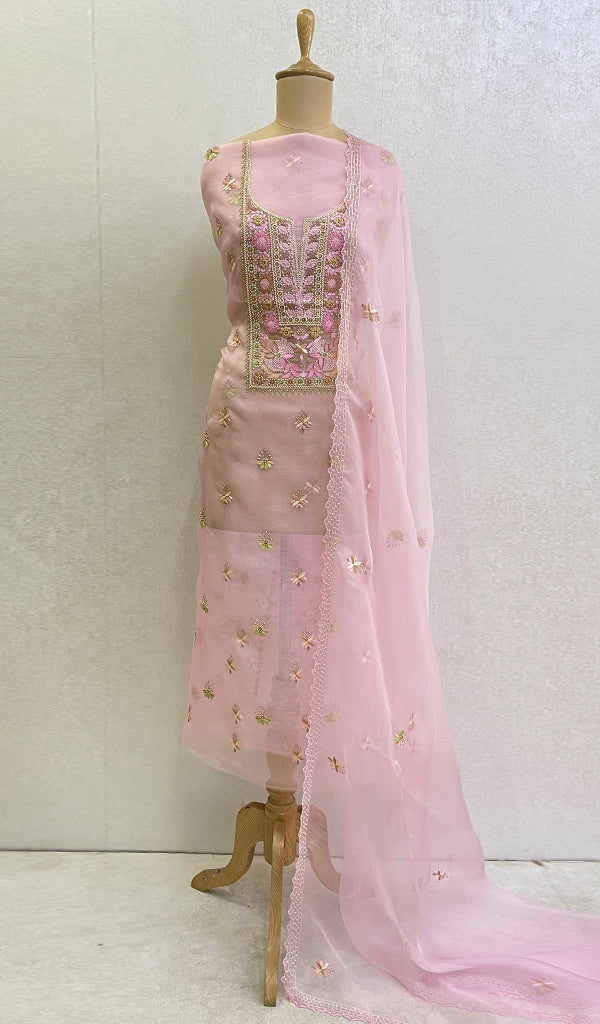 Women's Lakhnavi Handcrafted Pure Organza Chikankari Unstitched Kurta And Dupatta Set - HONC0104173