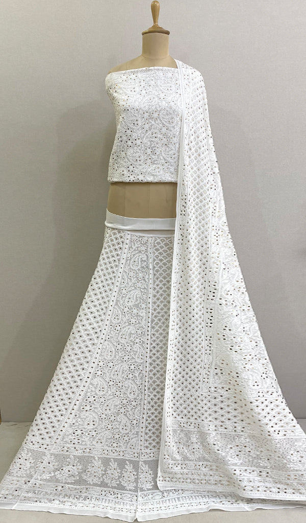 Women's Lakhnavi Handcrafted Bridal Pure Silk Georgette Chikankari Lehenga Set - HONC0194940