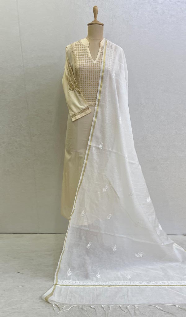 Women's Lakhnavi Handcrafted Chanderi Silk Chikankari Dupatta - Honc0108740