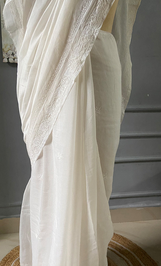 Women's Lakhnavi Handcrafted Mul Chanderi Chikankari Saree - HONC0301810