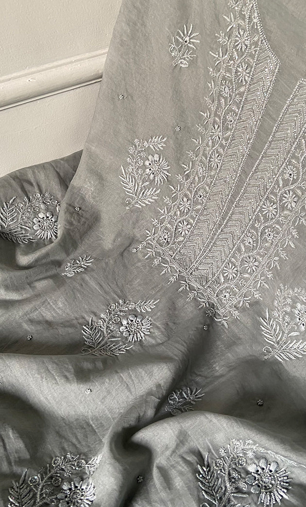 Women's Lakhnavi Handcrafted Mul Chanderi Unstitched Chikankari Full Suit Material - HONC0328320