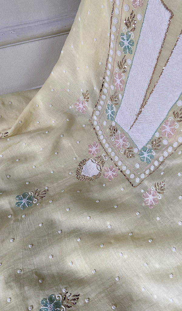 Women's Lakhnavi Handcrafted Mul Chanderi Unstitched Chikankari Full Suit Material - HONC0365830