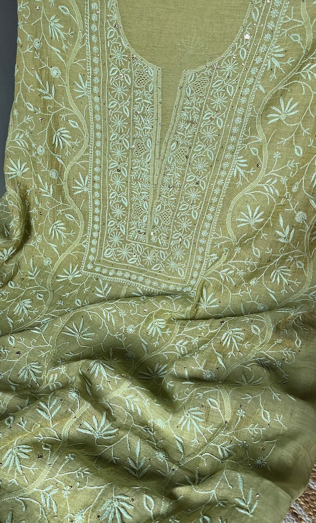 Women's Lakhnavi Handcrafted Mul Chanderi Unstitched Kurta And Dupatta Set- HONC0281009