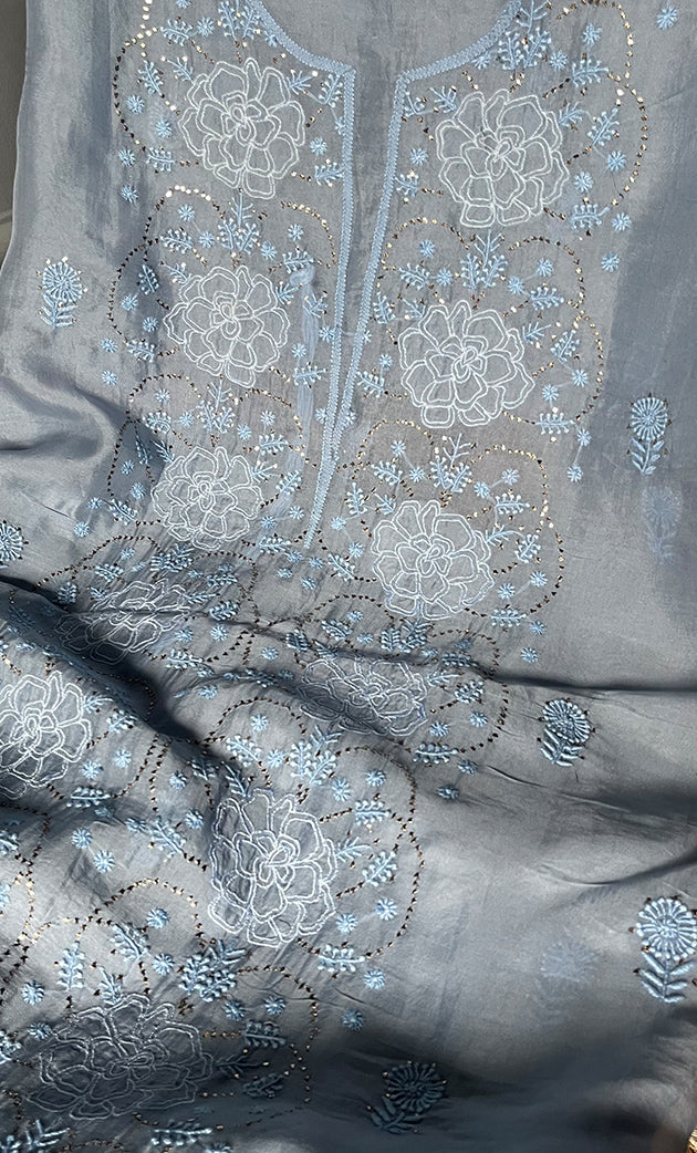 Women's Lakhnavi Handcrafted Pure Organza Chikankari Unstitched Kurta And Dupatta Set- HONC0279308