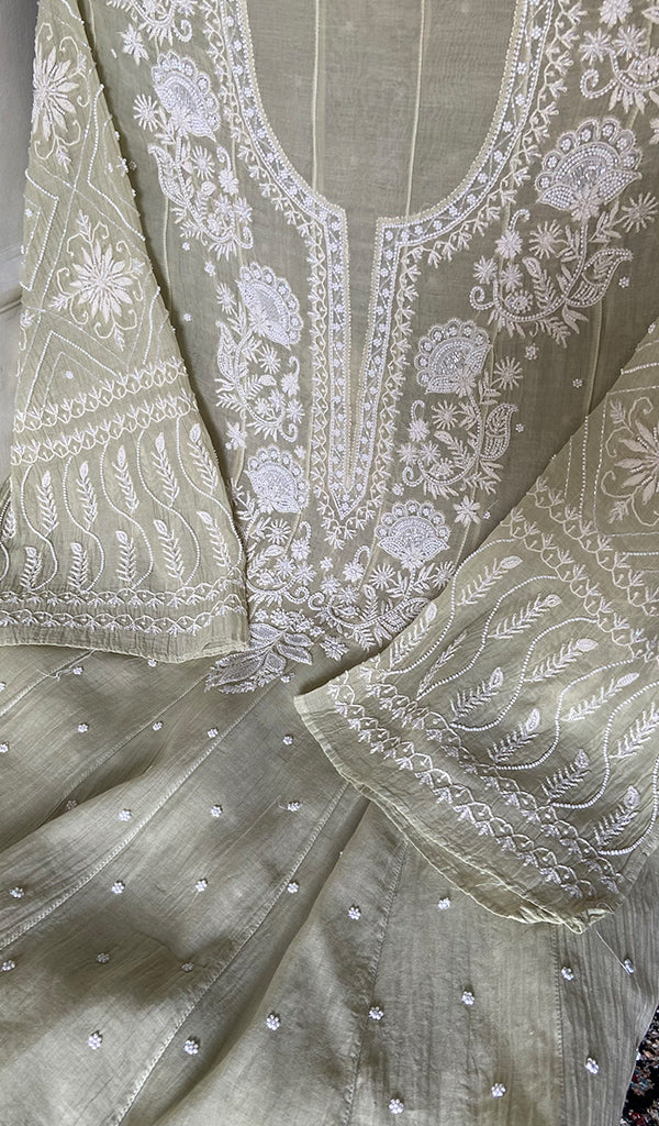 Women's Lucknowi Handcrafted Mul Chanderi Semi - stitched Chikankari Anarkali Full Set - HONC0355631