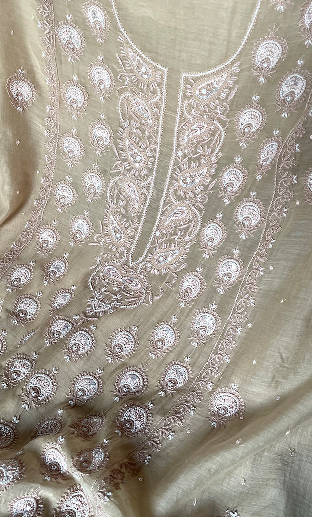 Women's Lakhnavi Handcrafted Mul Chanderi Unstitched Chikankari Full Suit Material - HONC0312089