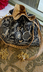 Load image into Gallery viewer, Black Chikankari Embroidered Potli Bag with Golden Bead Tassels - HONC0317191
