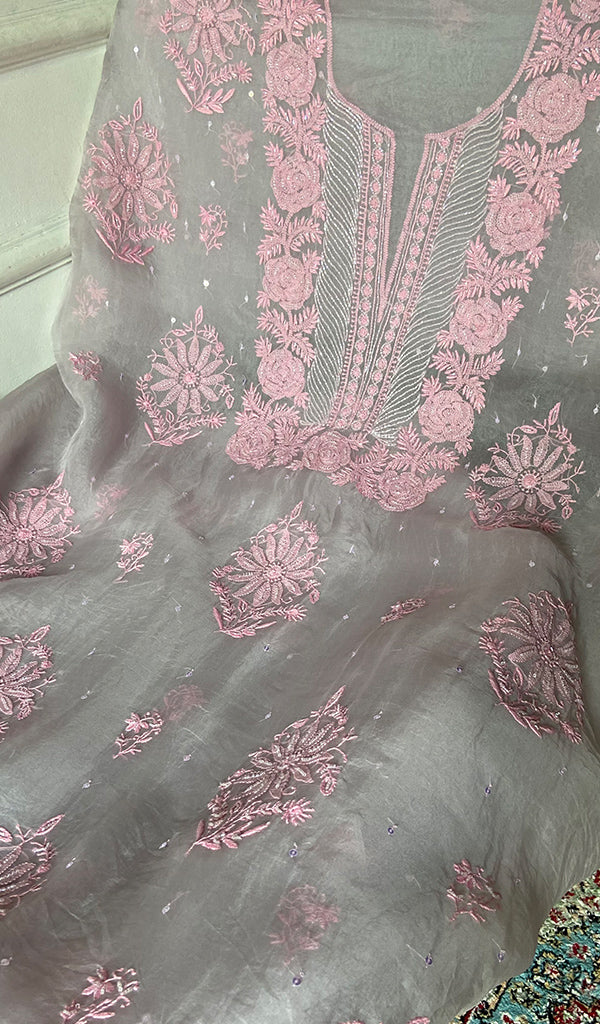 Women's Lakhnavi Handcrafted Pure Organza Chikankari Unstitched Kurta And Dupatta Set- HONC0361460