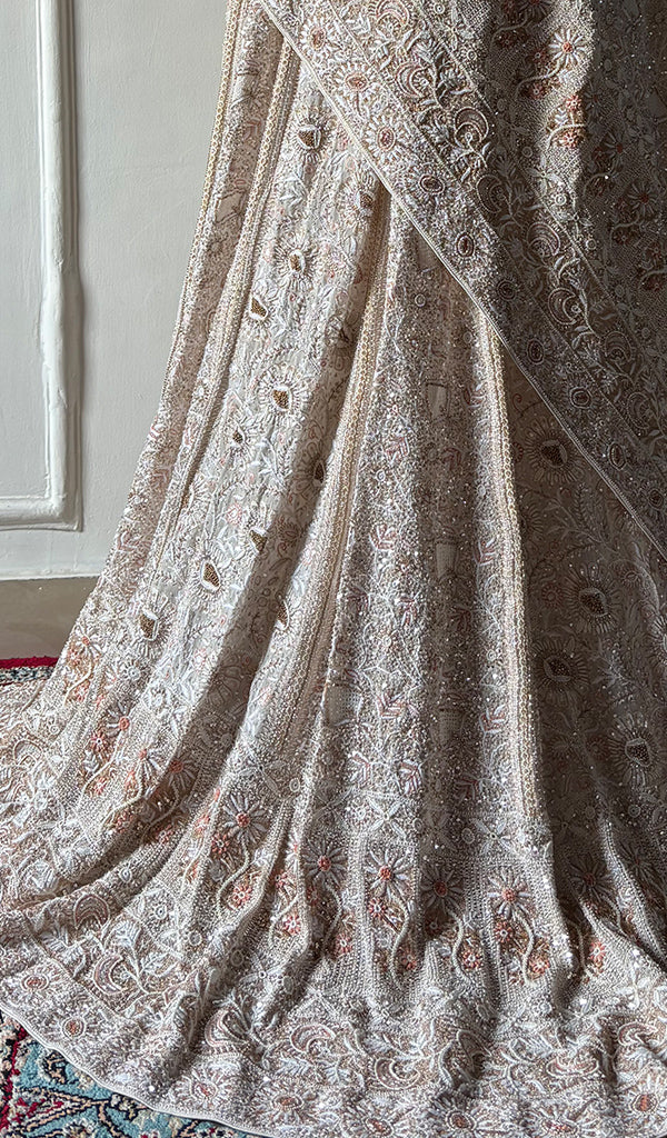 Women's Lakhnavi Handcrafted Bridal Pure Silk Georgette Chikankari Lehenga Set - HONC0263727