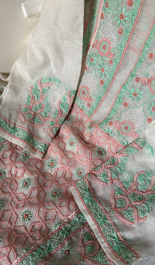 Women's Lakhnavi Handcrafted Linen Cotton Semi -Stitched Kurta And Dupatta Set - HONC0269956