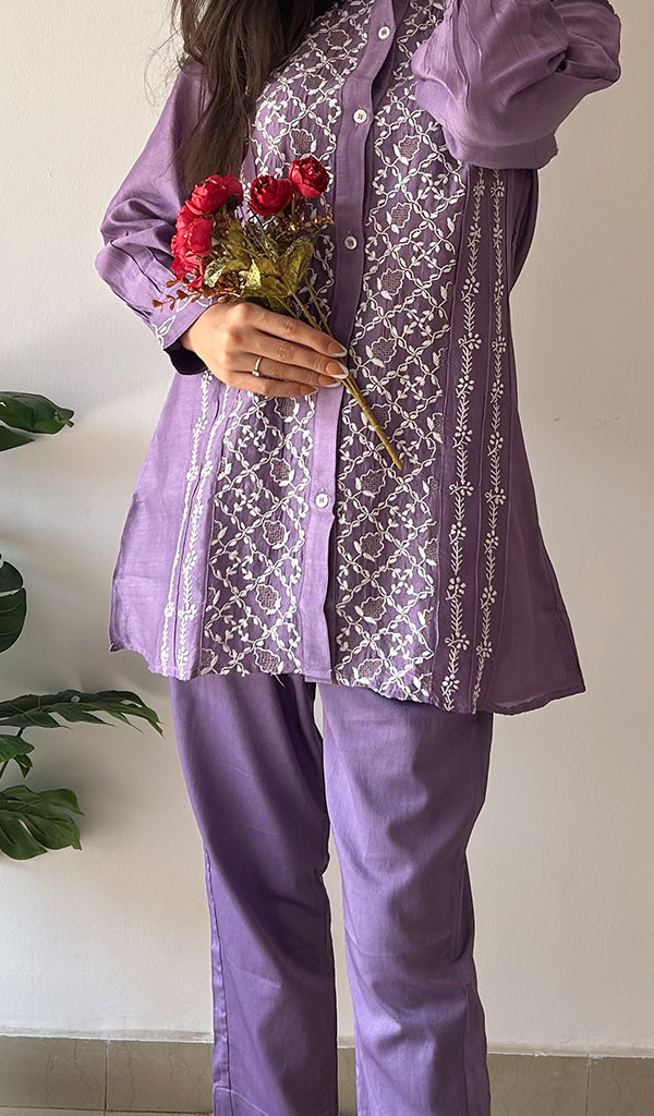 Sarah Women's Lakhnavi Handcrafted Chanderi Silk Chikankari Top And Pant Set - HONC0343880