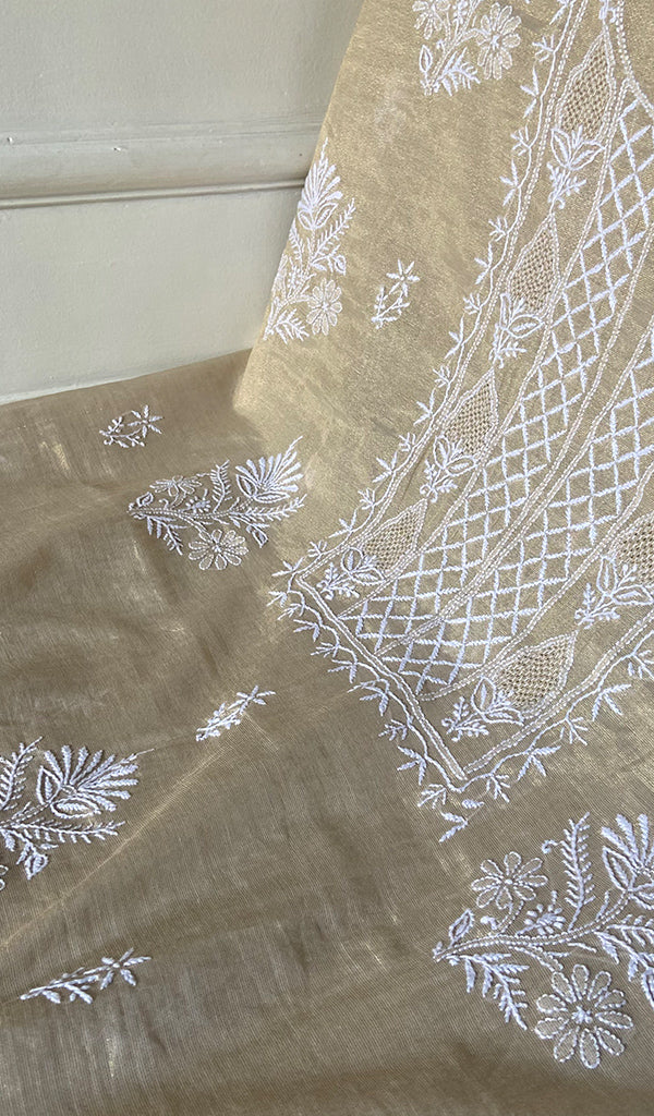 Women's Lakhnavi Handcrafted Tissue Chanderi Unstitched Chikankari Kurta And Dupatta Set - HONC0324413