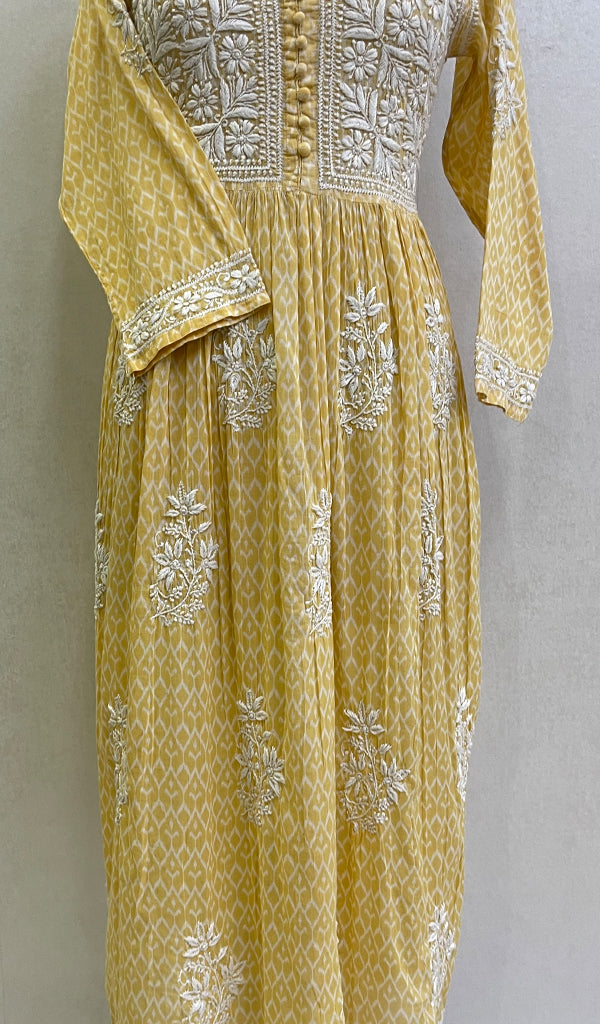 Women's Lucknowi Handcrafted Printed Ikkat Cotton Chikankari Dress - HONC0144070