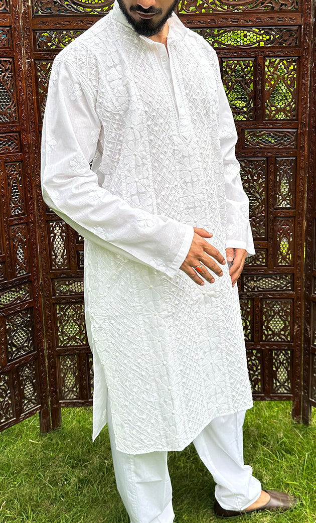 Men's Lucknowi Handcrafted Cotton Chikankari Kurta - HONC0295480
