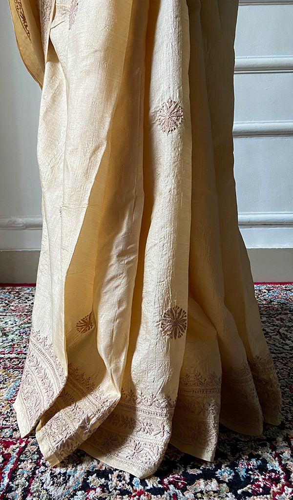Women's Lakhnavi Handcrafted Tussar Silk Chikankari Saree - HONC0342570