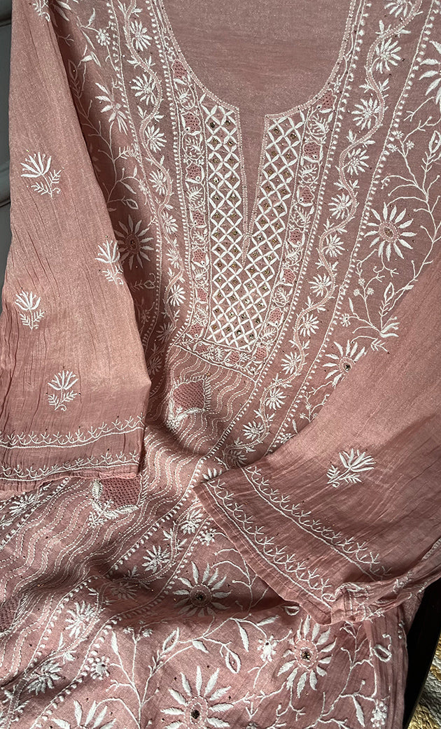 Women's Lakhnavi Handcrafted Tissue Chanderi Semi - Stitched Kurta And Dupatta Set - HONC0270643