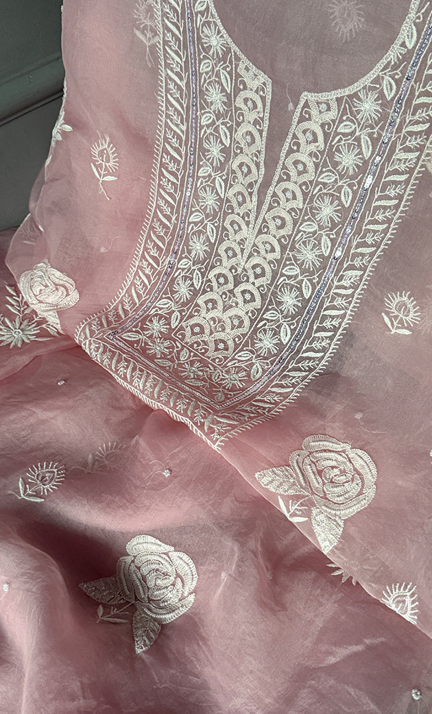 Women's Lakhnavi Handcrafted Pure Organza Chikankari Unstitched Kurta And Dupatta Set- HONC0303192