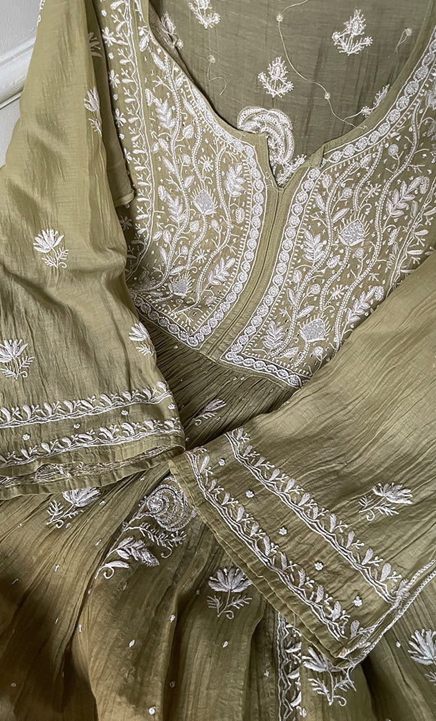 Women's Lakhnavi Handcrafted Mul Chanderi Semi - Stitched Kurta And Dupatta Set - HONC0309524