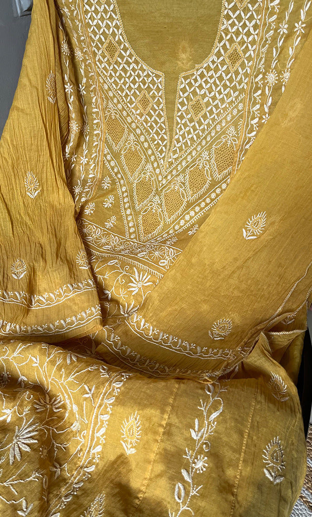 Women's Lakhnavi Handcrafted Mul Chanderi Semi - Stitched Anarkali And Dupatta Set - HONC0304455