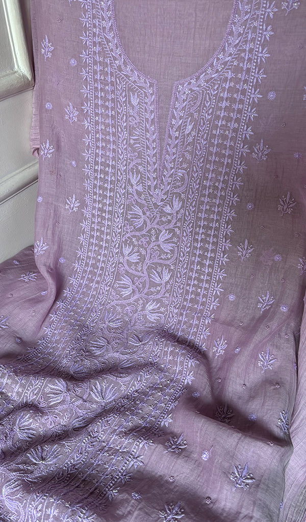 Women's Lakhnavi Handcrafted Mul Chanderi Unstitched Chikankari Full Suit Material - HONC0344317