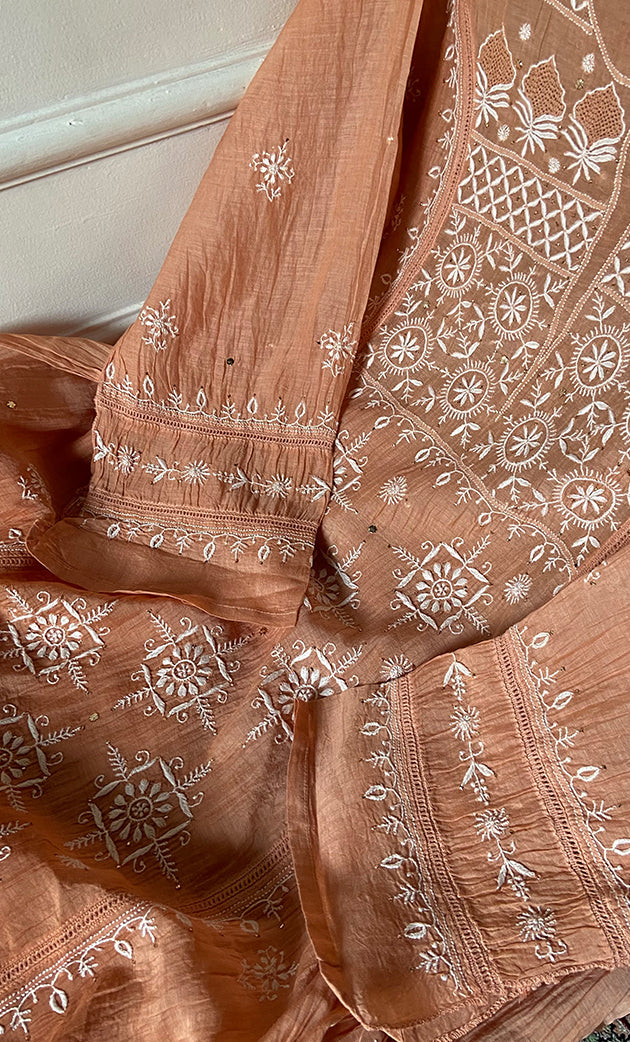 Women's Lakhnavi Handcrafted Mul Chanderi Semi - Stitched Kurta And Dupatta Set - HONC0281964