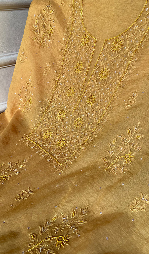 Women's Lakhnavi Handcrafted Mul Chanderi Unstitched Chikankari Full Suit Material - HONC0328107