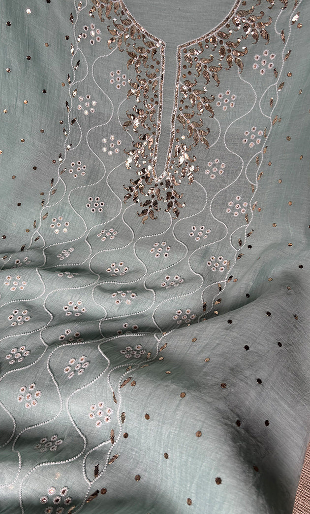 Women's Lakhnavi Handcrafted Mul Chanderi Unstitched Chikankari Full Suit Material - HONC0320708