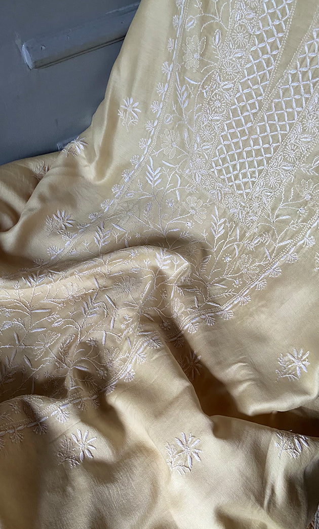 Women's Lucknowi Handcrafted Chanderi Silk Chikankari Full Suit Material - HONC0278037