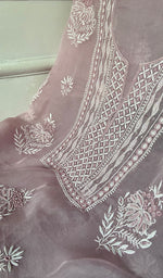 Load image into Gallery viewer, Women's Lakhnavi Handcrafted Pure Organza Chikankari Unstitched Kurta And Dupatta Set- HONC0329217