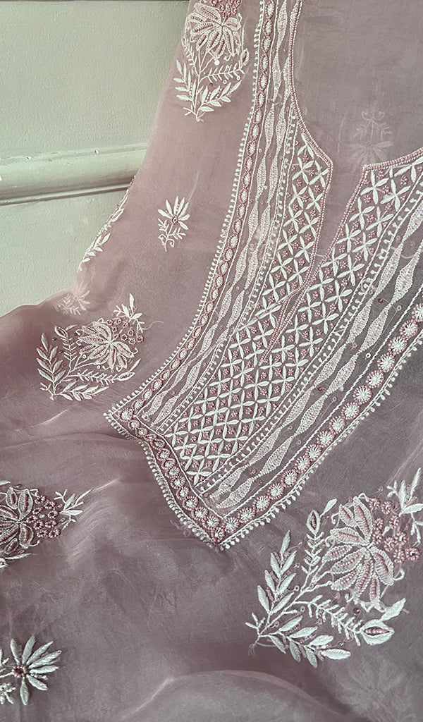 Women's Lakhnavi Handcrafted Pure Organza Chikankari Unstitched Kurta And Dupatta Set- HONC0329217