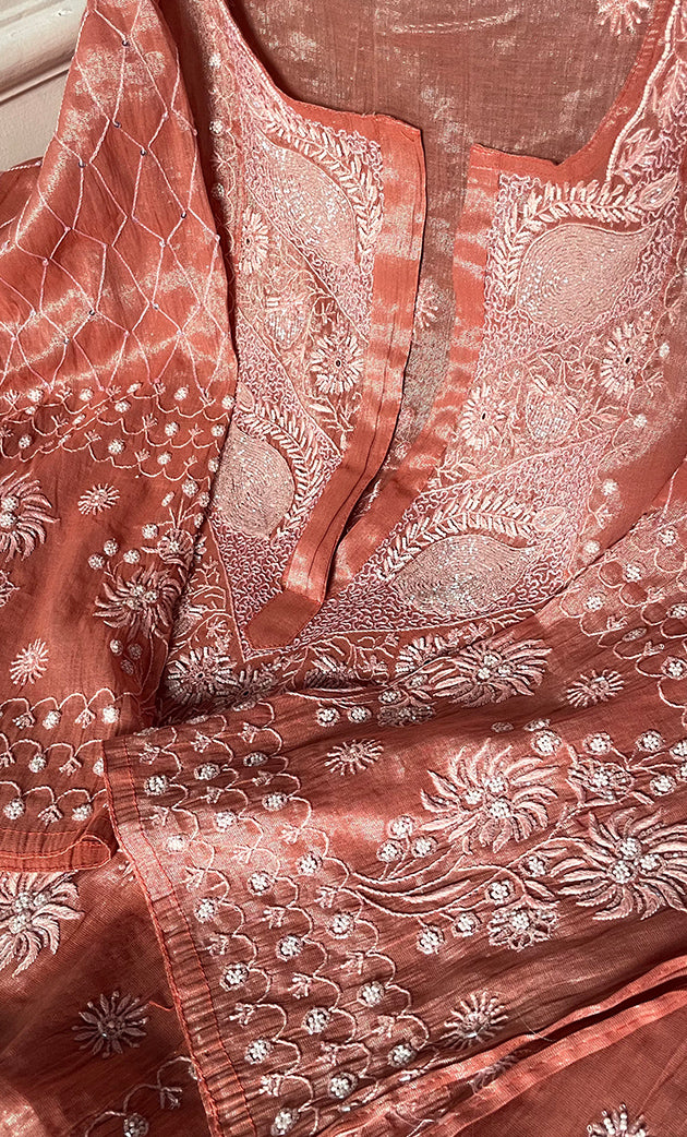Women's Lakhnavi Handcrafted Tissue Chanderi Semi-Stitched Anarkali And Dupatta Set - HONC0323638